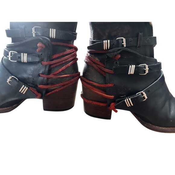 FreeBird Crue Leather Backlace Boots Women 8 Black Buckle Moto Western Rockstar - Picture 8 of 16